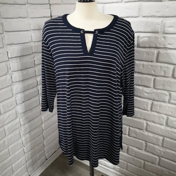 Laura Plus Ladies Size 1X Navy & White Striped V-neck 3/4 Sleeves Tunic Top - Picture 1 of 9